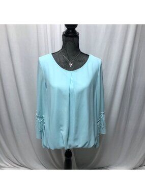 AGB Blouse Womens Size Medium Light Blue Lined Long Sleeve Fringed Flare Sleeves